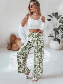 Spodnie Damskie>Dstreet Spodnie damskie wide leg w kwiaty LOVEGARDEN zielone UY2656