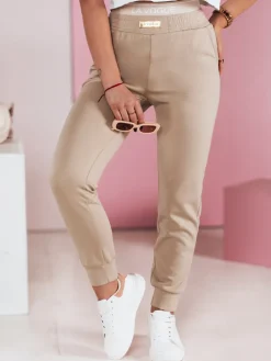 Spodnie Damskie>Dstreet Spodnie dresowe damskie slim fit LA VOGUE beżowe UY2395