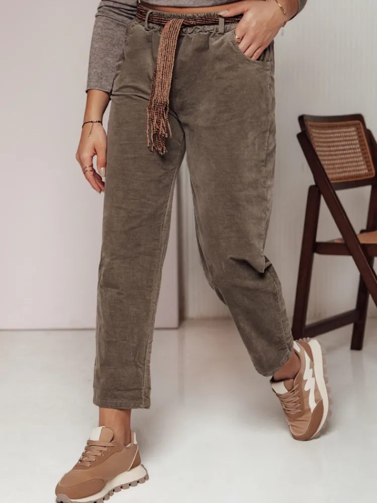 Spodnie Damskie>Dstreet Spodnie sztruksowe damskie one size SOFTYLA w paskiem khaki UY2280