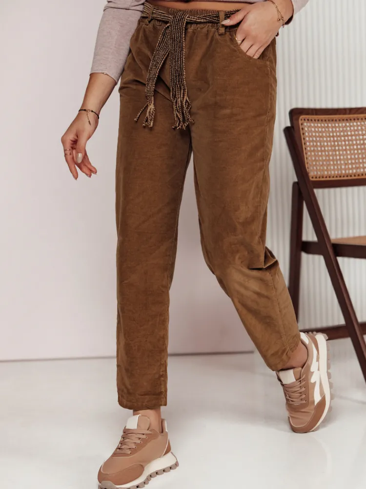 Spodnie Damskie>Dstreet Spodnie sztruksowe damskie one size SOFTYLA w paskiem kamelowe UY2279