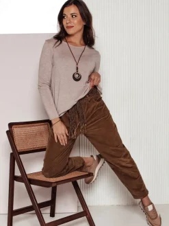 Spodnie Damskie>Dstreet Spodnie sztruksowe damskie one size SOFTYLA w paskiem kamelowe UY2279