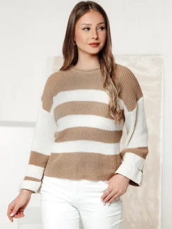Swetry Damskie>Dstreet Sweter damski LINEZZA beżowo-biały MY2382