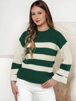 Swetry Damskie>Dstreet Sweter damski LINEZZA zielono-biały MY2389