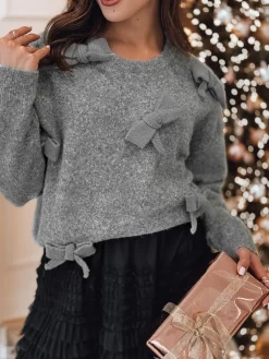 Swetry Damskie>Dstreet Sweter damski one size BOWTONE z kokardkami jasnoszary MY2354