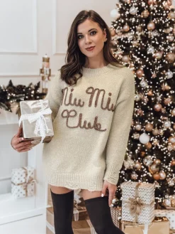 Swetry Damskie>Dstreet Sweter damski one size MIU MIU z napsiem beżowy MY2346