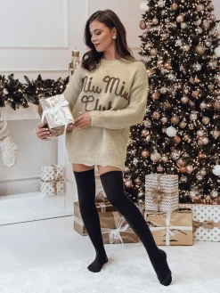 Swetry Damskie>Dstreet Sweter damski one size MIU MIU z napsiem beżowy MY2346