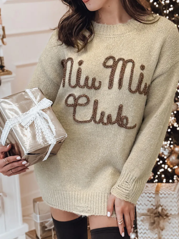 Swetry Damskie>Dstreet Sweter damski one size MIU MIU z napsiem beżowy MY2346