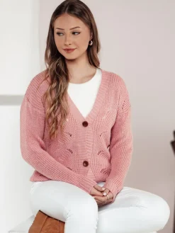 Swetry Damskie>Dstreet Sweter damski rozpinany KNITVIA różowy MY2410