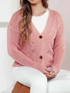 Swetry Damskie>Dstreet Sweter damski rozpinany KNITVIA różowy MY2410