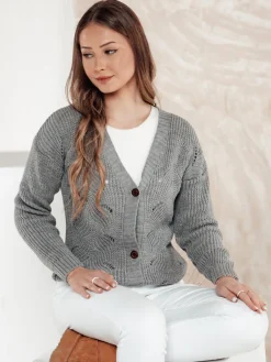 Swetry Damskie>Dstreet Sweter damski rozpinany KNITVIA jasnoszary MY2401