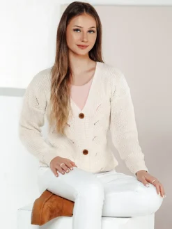 Swetry Damskie>Dstreet Sweter damski rozpinany KNITVIA ecru MY2422