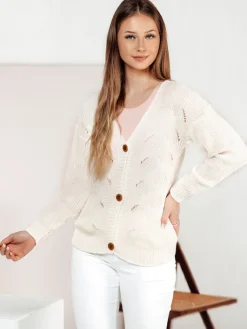 Swetry Damskie>Dstreet Sweter damski rozpinany KNITVIA ecru MY2422