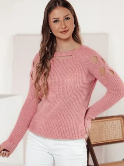 Swetry Damskie>Dstreet Sweter damski SLITARIA różowy MY2412