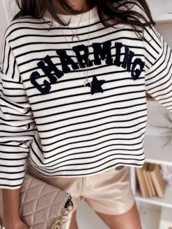 Swetry Damskie>Dstreet Sweter damski w paski AURORA granatowy MY2071