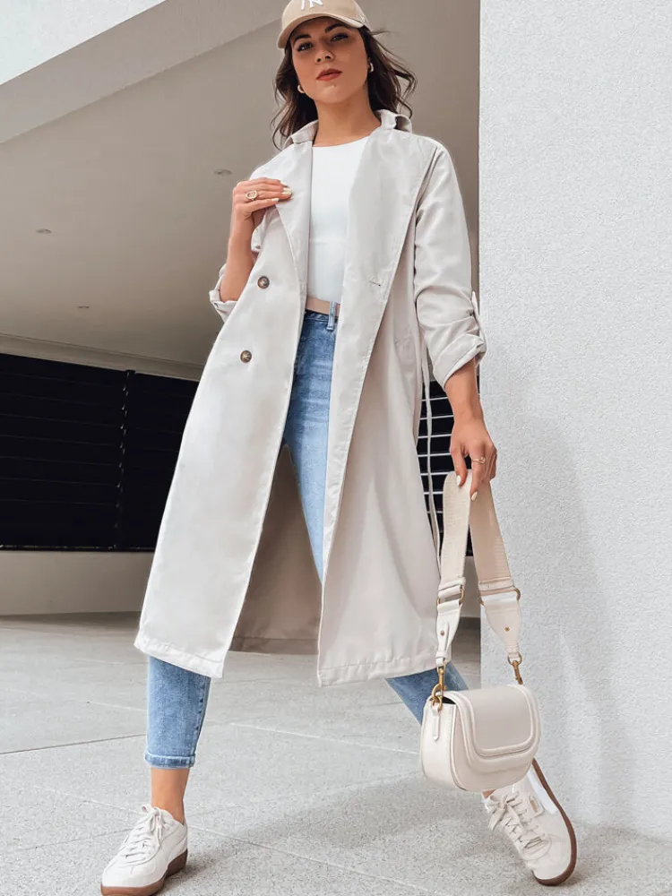 Płaszcze Damskie>Dstreet Trencz damski długi BINCIA jasnoszara TY4338