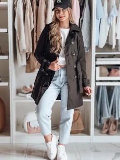 Płaszcze Damskie>Dstreet Trencz damski dwurzędowy z paskiem BELISION czarny NY0749