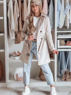 Płaszcze Damskie>Dstreet Trencz damski dwurzędowy z paskiem BELISION biały NY0748