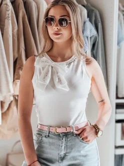 T-Shirty Damskie>Dstreet T-shirt damski na ramiączkach z kokardą PERBOW biały RY2732