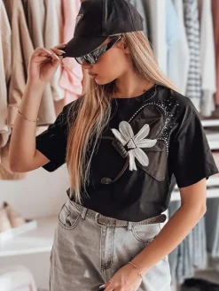 T-Shirty Damskie>Dstreet T-shirt damski oversize z efektem 3D PETALOVE czarny RY2717