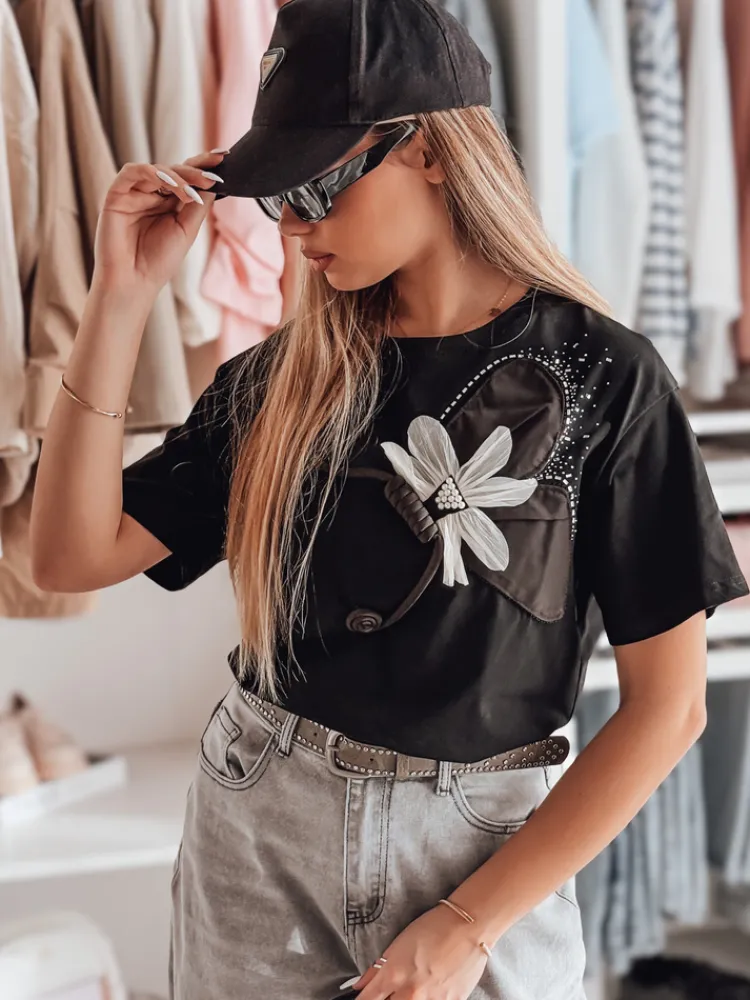 T-Shirty Damskie>Dstreet T-shirt damski oversize z efektem 3D PETALOVE czarny RY2717