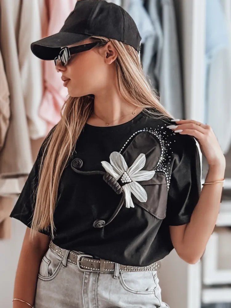 T-Shirty Damskie>Dstreet T-shirt damski oversize z efektem 3D PETALOVE czarny RY2717