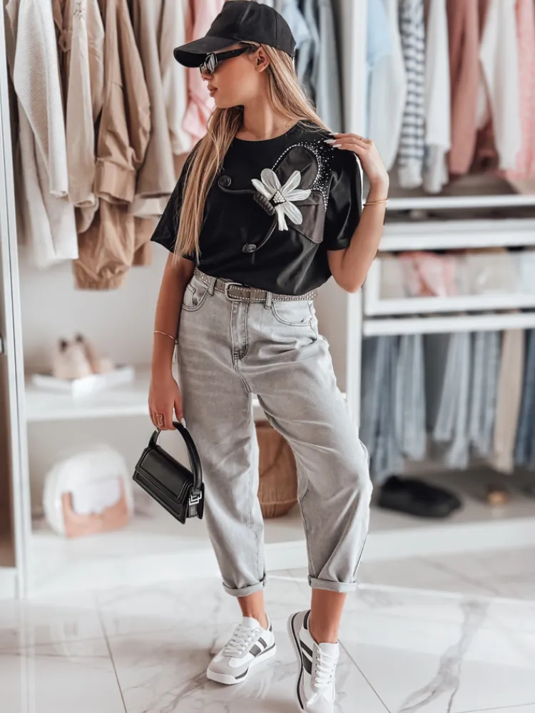 T-Shirty Damskie>Dstreet T-shirt damski oversize z efektem 3D PETALOVE czarny RY2717