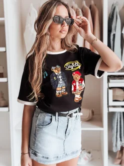 T-Shirty Damskie>Dstreet T-shirt damski oversize z haftem CLASSY TEDDY czarny RY2843