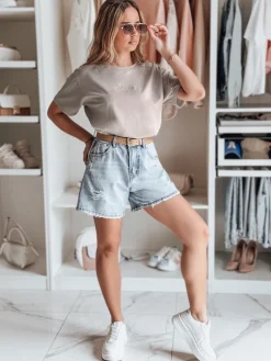 T-Shirty Damskie>Dstreet T-shirt damski oversize z haftem PARISSTEN beżowy RY2883