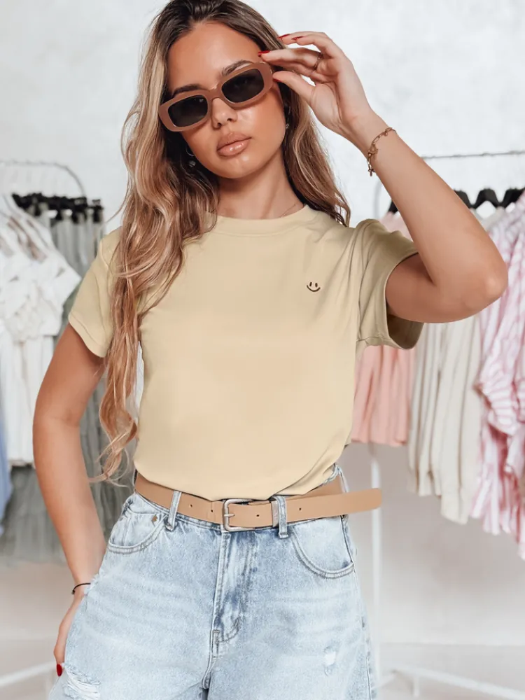 T-Shirty Damskie>Dstreet T-shirt damski prążkowany SMILE FOR YOU mokka RY2909