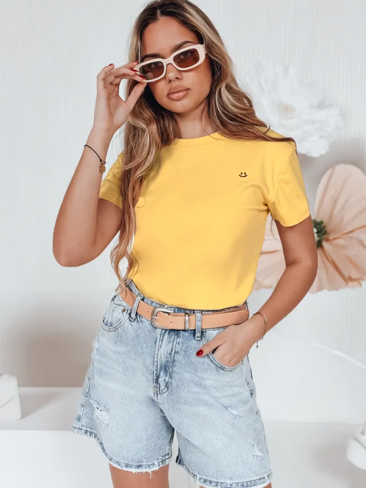 T-Shirty Damskie>Dstreet T-shirt damski prążkowany SMILE FOR YOU żółty RY2908