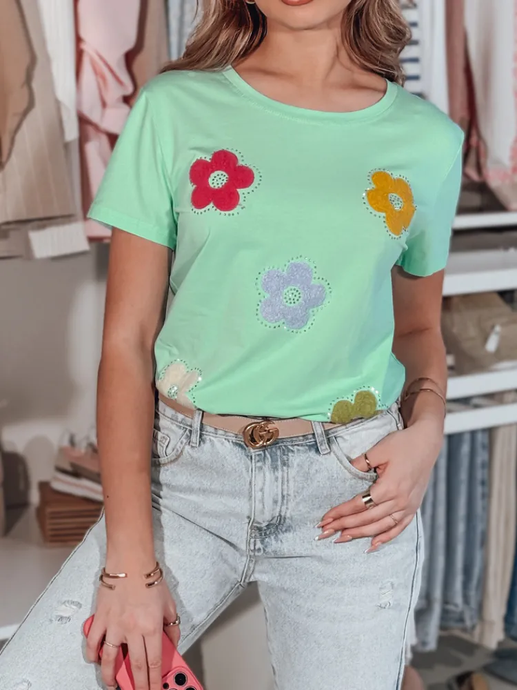 T-Shirty Damskie>Dstreet T-shirt damski w kwiaty DAISYLA miętowy RY2743