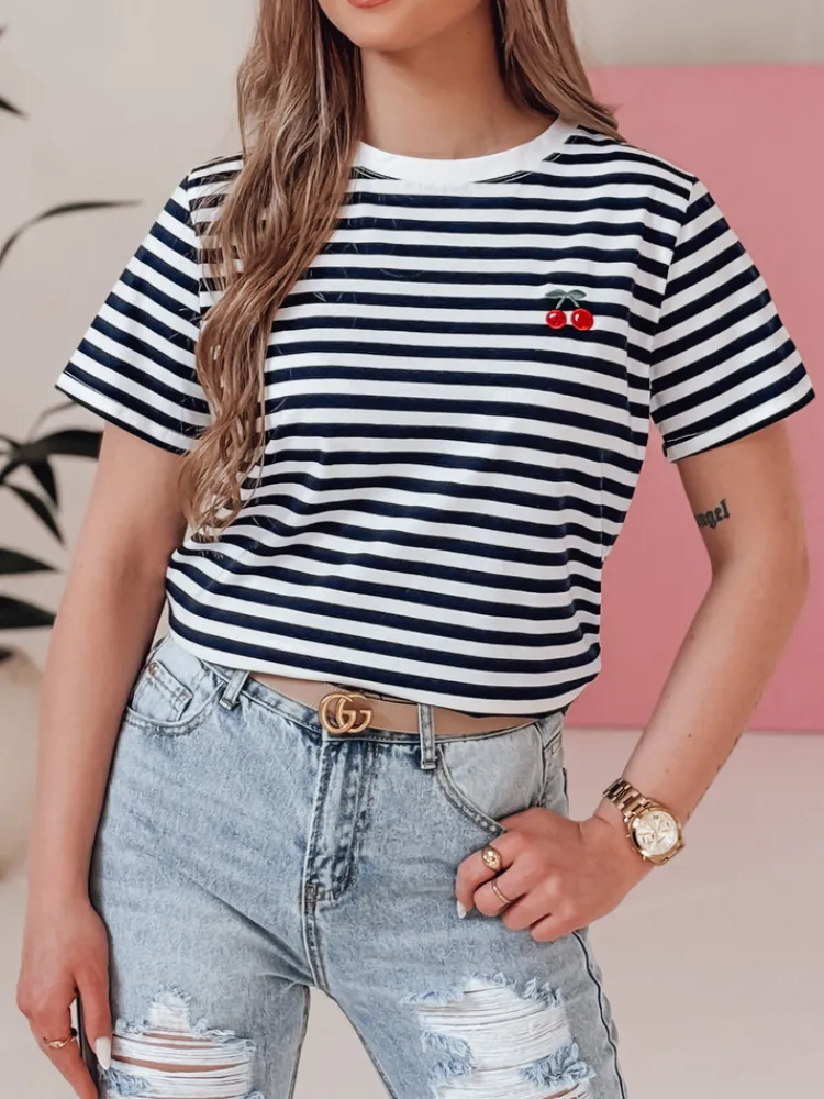 T-Shirty Damskie>Dstreet T-shirt damski w paski MARINESSI granatowy RY2896