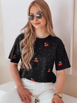 T-Shirty Damskie>Dstreet T-shirt damski w wiśnie FRUTTIKA czarny RY2891