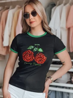 T-Shirty Damskie>Dstreet T-shirt damski z cekinami ROSAWIS czarny RY2846
