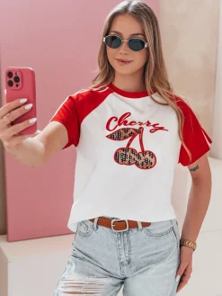 T-Shirty Damskie>Dstreet T-shirt damski z efektem 3D CEKINKA czerwony RY2866