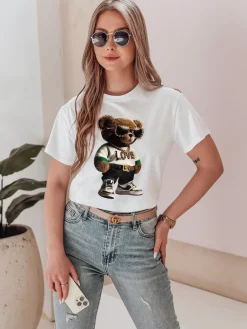 T-Shirty Damskie>Dstreet T-shirt damski z misiem MISZELKA biały RY2862