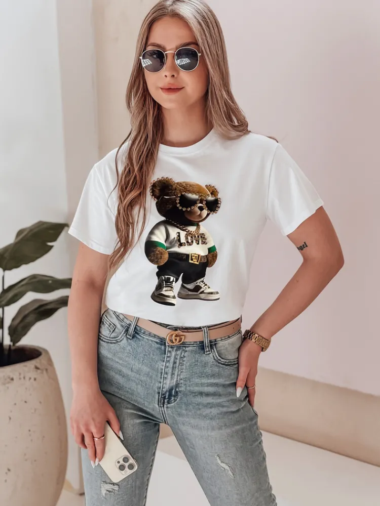 T-Shirty Damskie>Dstreet T-shirt damski z misiem MISZELKA biały RY2862