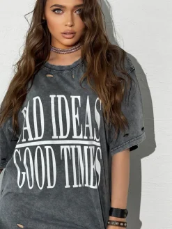 T-Shirty Damskie>Dstreet T-shirt damski z nadrukiem HAYATOUS grafitowy RY2637