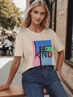 T-Shirty Damskie>Dstreet T-shirt damski z nadrukiem KINDBE brzoskwiniowy RY2615