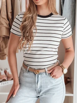 T-Shirty Damskie>Dstreet T-shirt damskie basic w paski LINESS biały RY2818