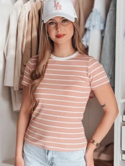 T-Shirty Damskie>Dstreet T-shirt damskie basic w paski LINESS różowy RY2809