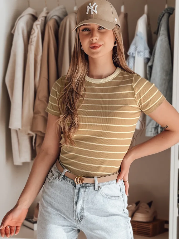 T-Shirty Damskie>Dstreet T-shirt damskie basic w paski LINESS kamelowy RY2819