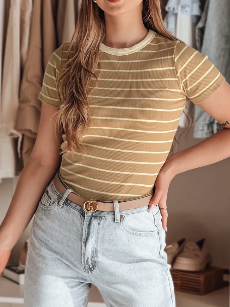 T-Shirty Damskie>Dstreet T-shirt damskie basic w paski LINESS kamelowy RY2819
