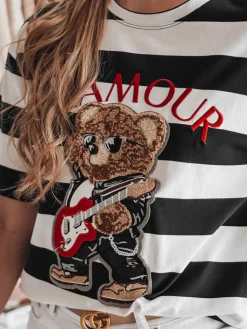 T-Shirty Damskie>Dstreet T-shirt damskie oversize w paski z haftem STRIPROCK czarny RY2871