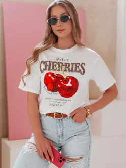 T-Shirty Damskie>Dstreet T-shirt damskie oversize z wiśniami BLINKPOP biały RY2894