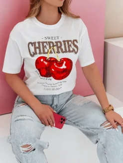 T-Shirty Damskie>Dstreet T-shirt damskie oversize z wiśniami BLINKPOP biały RY2894